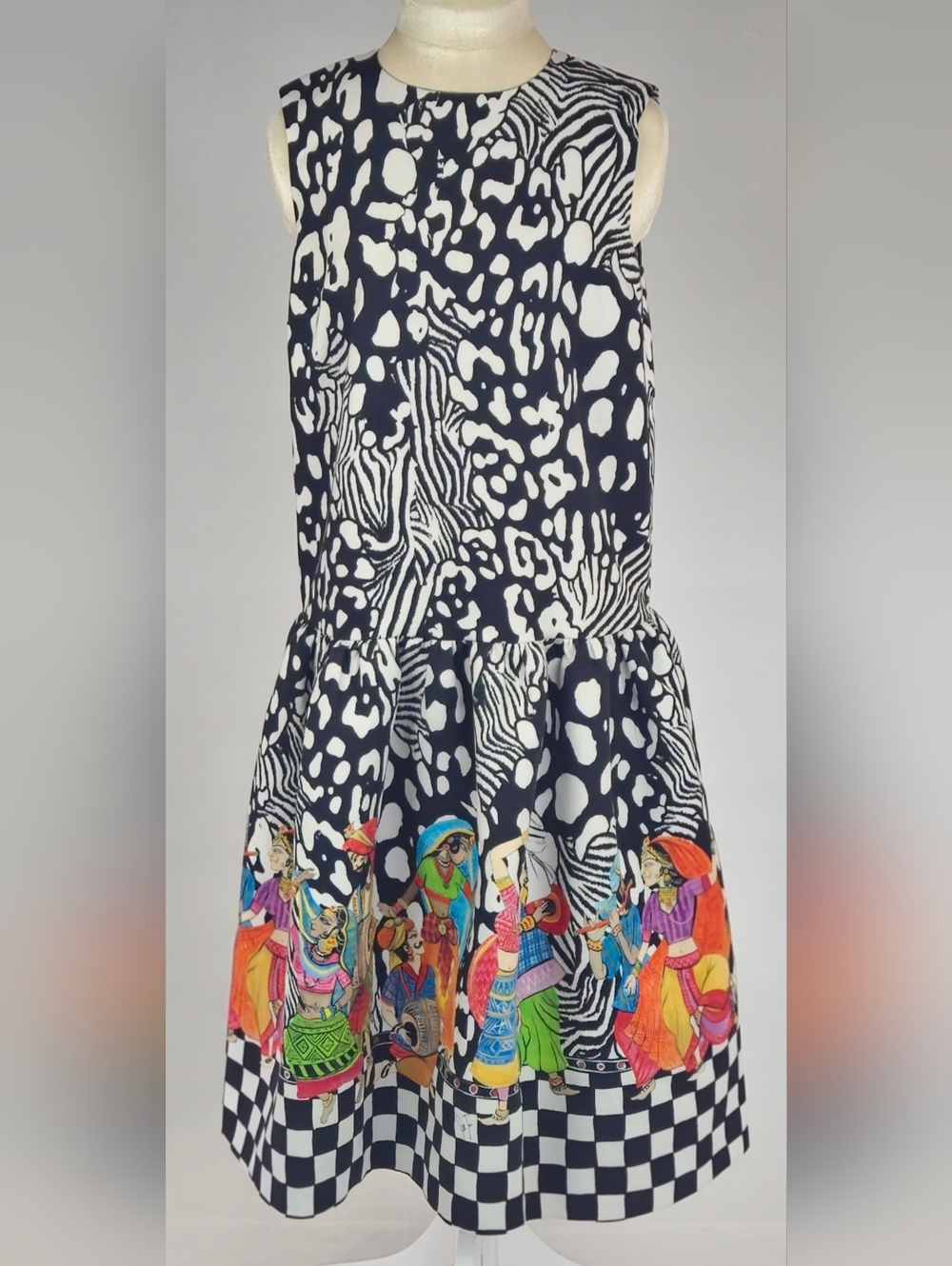 Stella Jean Designer Dress Black White Print Colorful Statement Dress EU 42